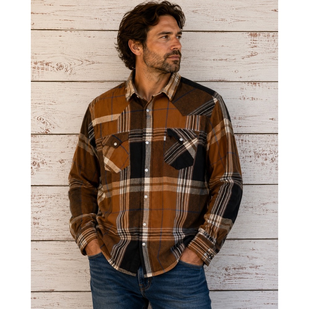 Levi's Mens XL Brown Plaid Western Flannel Snap Button Down Shirt